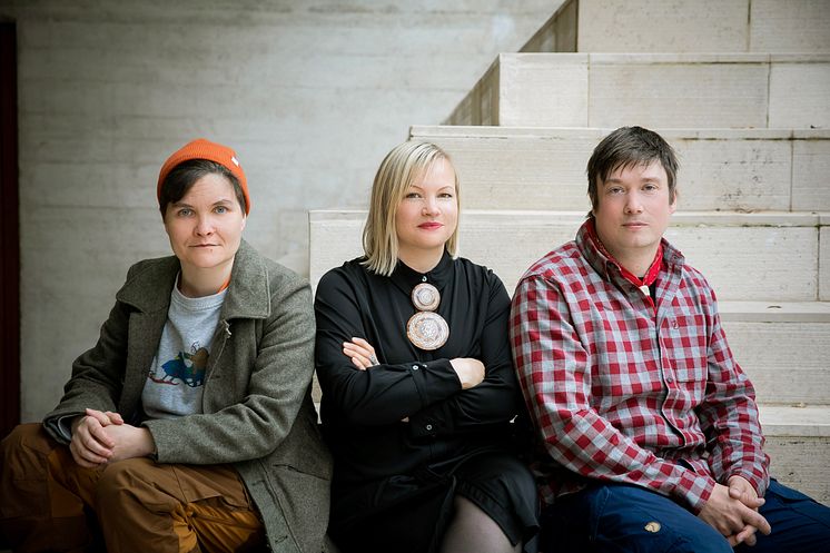 The artists of 'The Sámi Pavilion' Pauliina Feodoroff, Máret Ánne Sara and Anders Sunna_Photo Marta Buso _ OCA