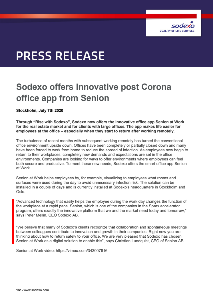 Sodexo offers innovative post Corona office app from Senion