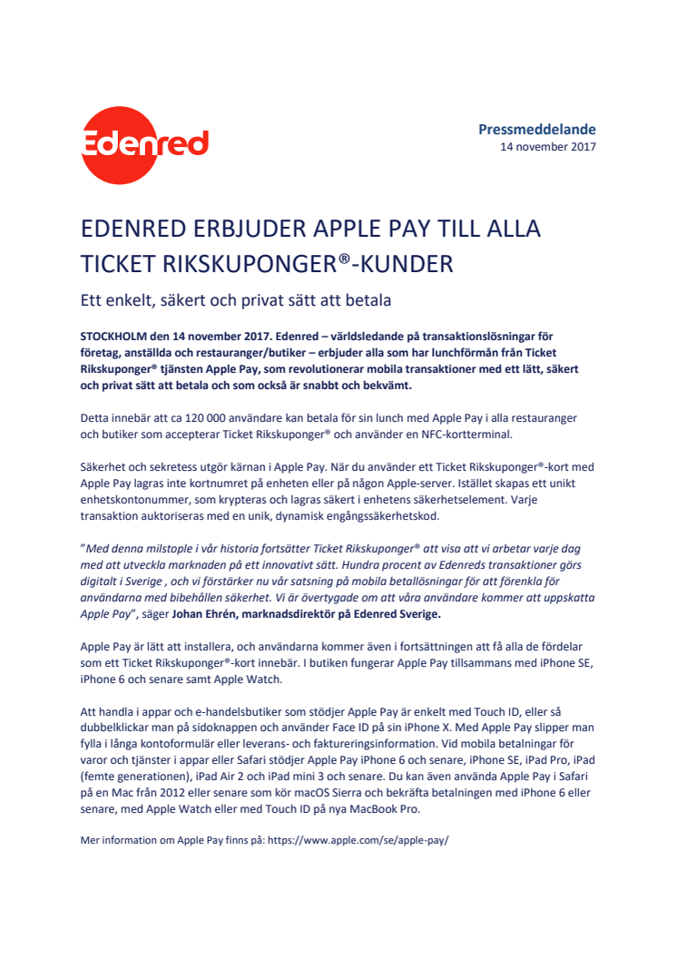 Edenred erbjuder Apple Pay till alla Ticket Rikskuponger®-kunder