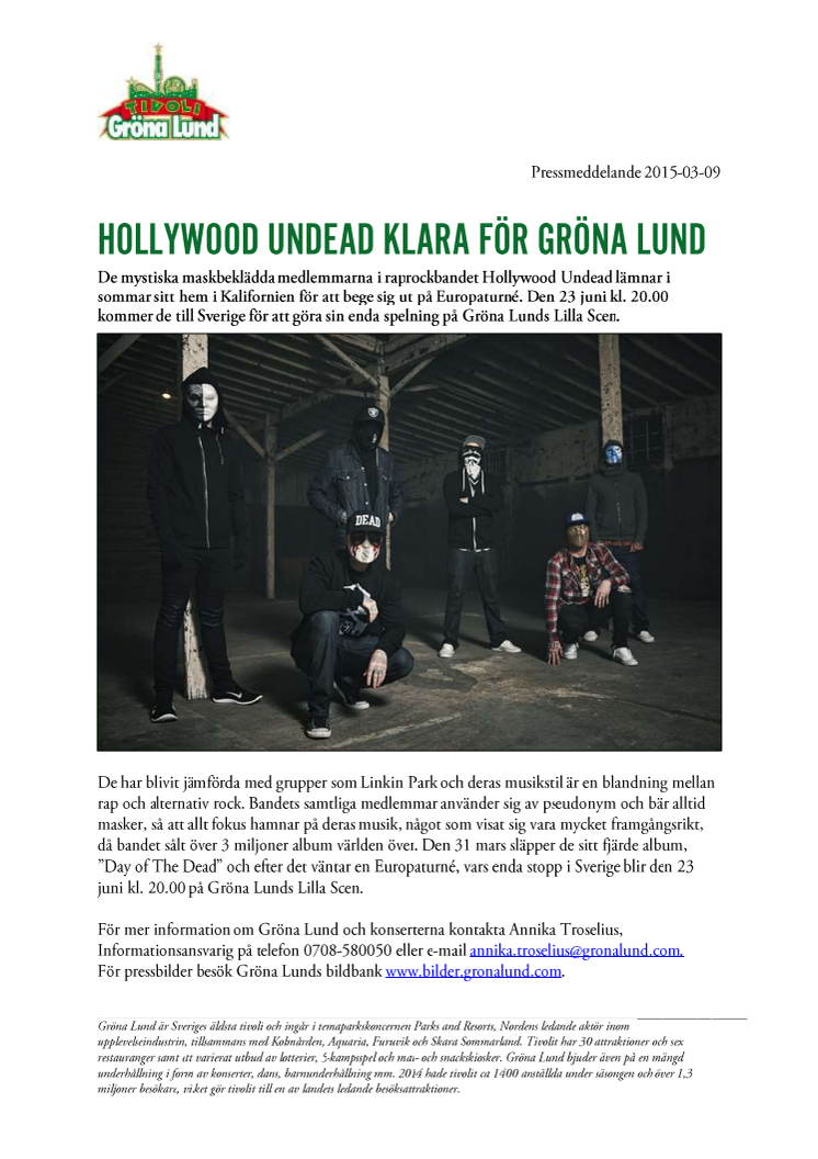 Hollywood Undead klara för Gröna Lund