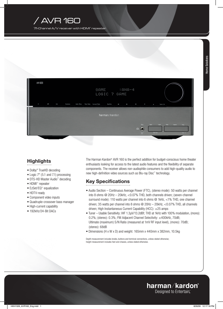 Harman kardon AVR 160 specifikation