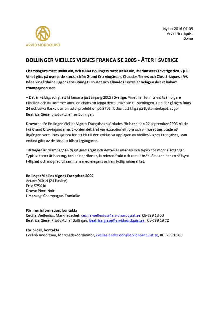 Bollinger Vieilles Vignes Francaise 2005 - åter i Sverige 