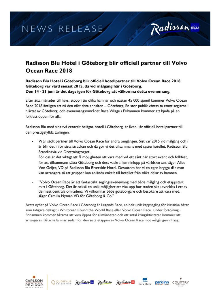 Radisson Blu Hotel i Göteborg blir officiell partner till Volvo Ocean Race 2018