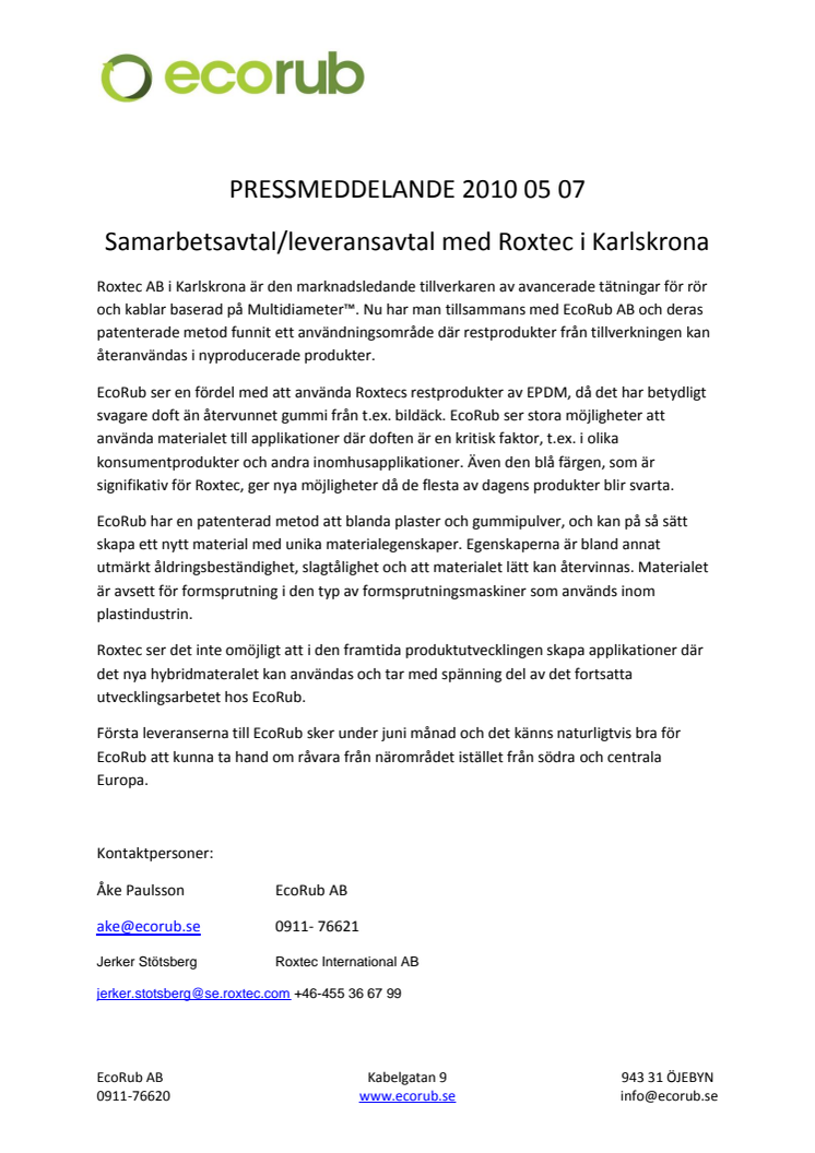 EcoRub: Samarbetsavtal/leveransavtal med Roxtec i Karlskrona