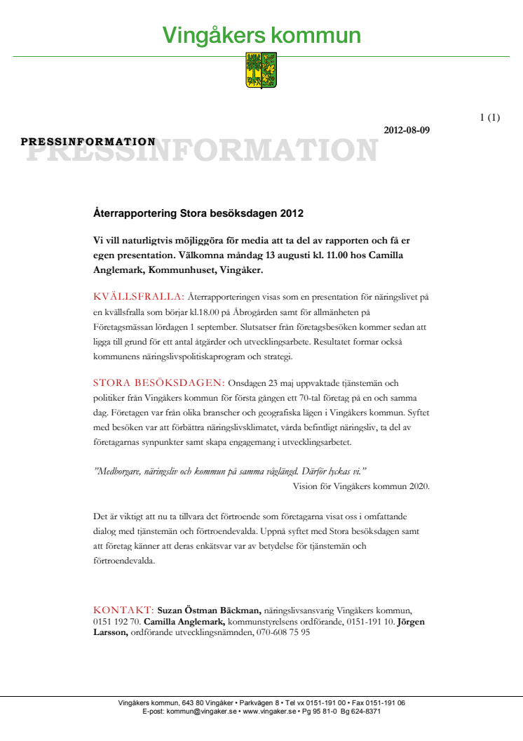 Pressinbjudan: Återrapportering Stora besöksdagen 2012 i Vingåker