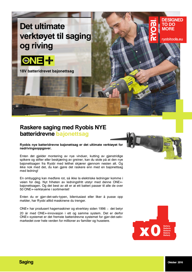 Raskere saging med Ryobis NYE batteridrevne bajonettsag