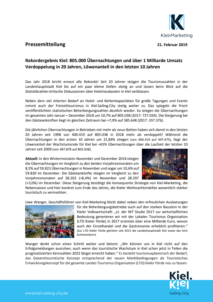 Rekordergebnis für Kiel: Touristische Jahresbilanz 2018 