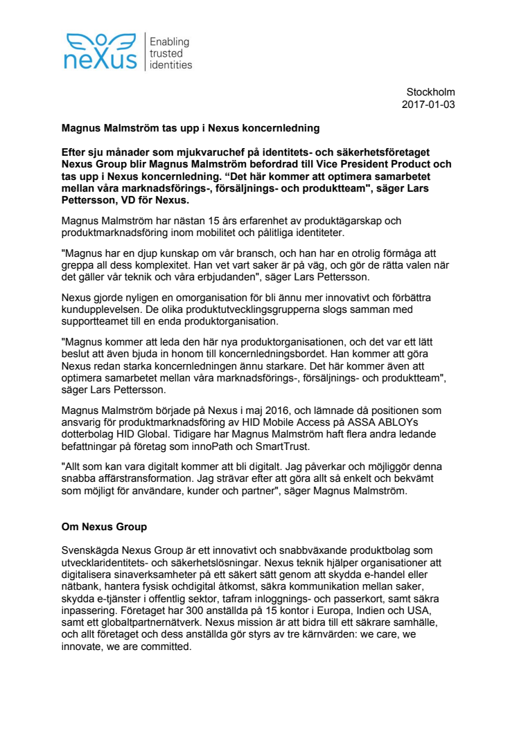 Magnus Malmström tas upp i Nexus koncernledning