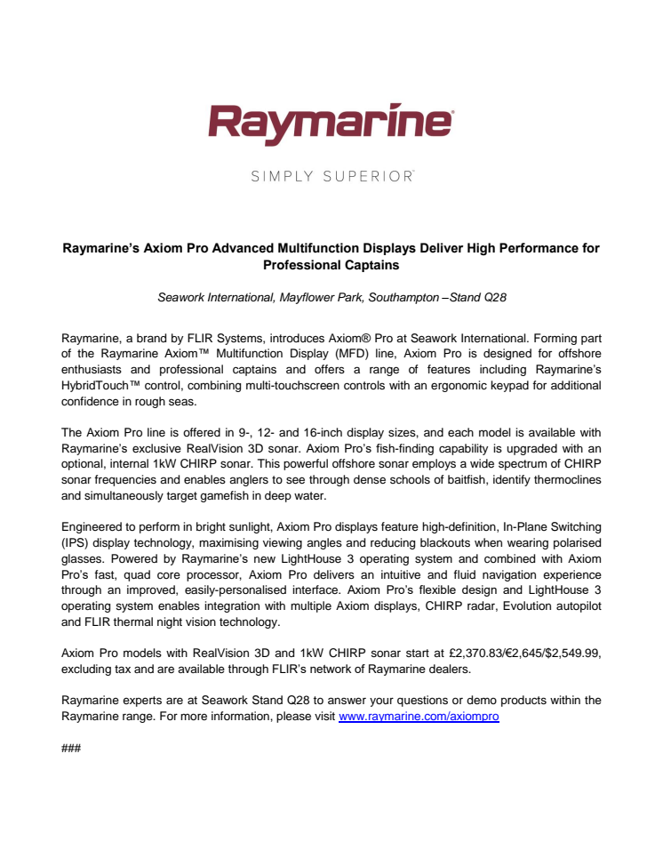 Raymarine: Raymarine’s Axiom Pro Advanced Multifunction Displays Deliver High Performance for Professional Captains