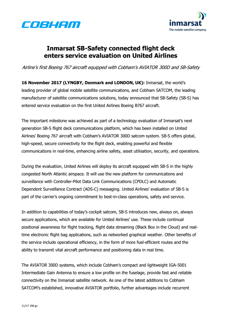 Cobham SATCOM: Inmarsat SB-Safety connected flight deck  enters service evaluation on United Airlines 