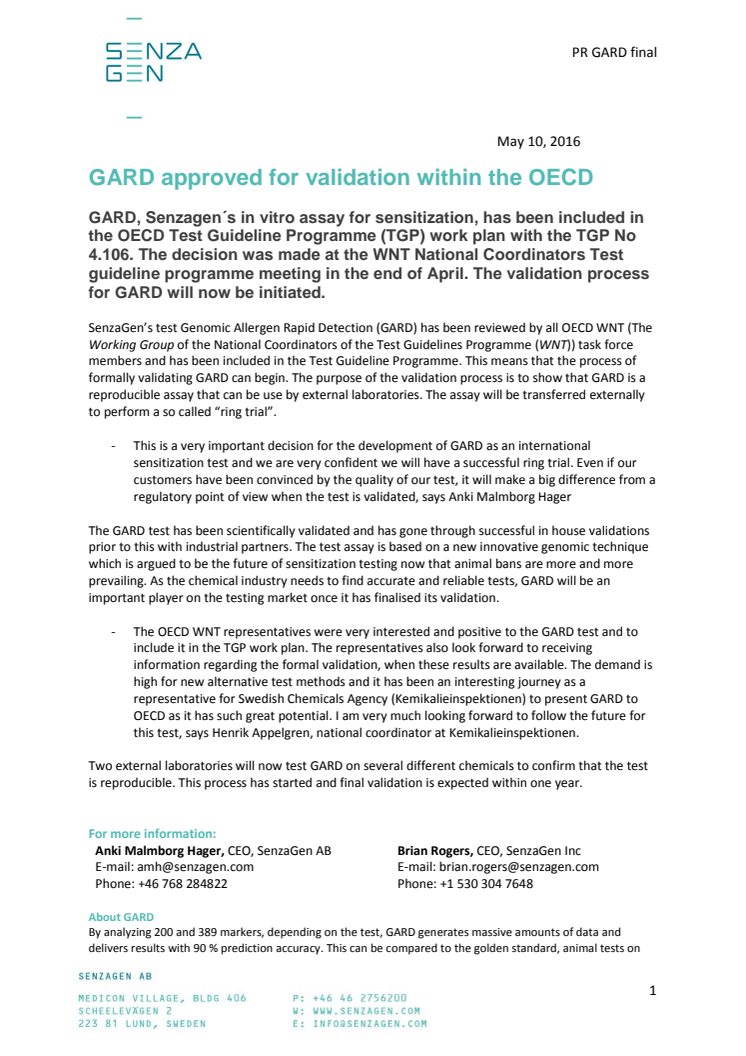 GARD approved for validation within the OECD