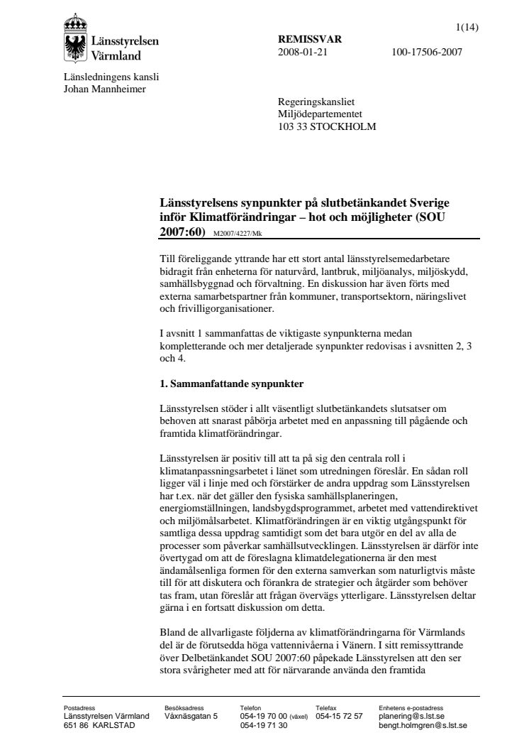 Länsstyrelsen positiv till regeringens klimat- och sårbarhetsutredning