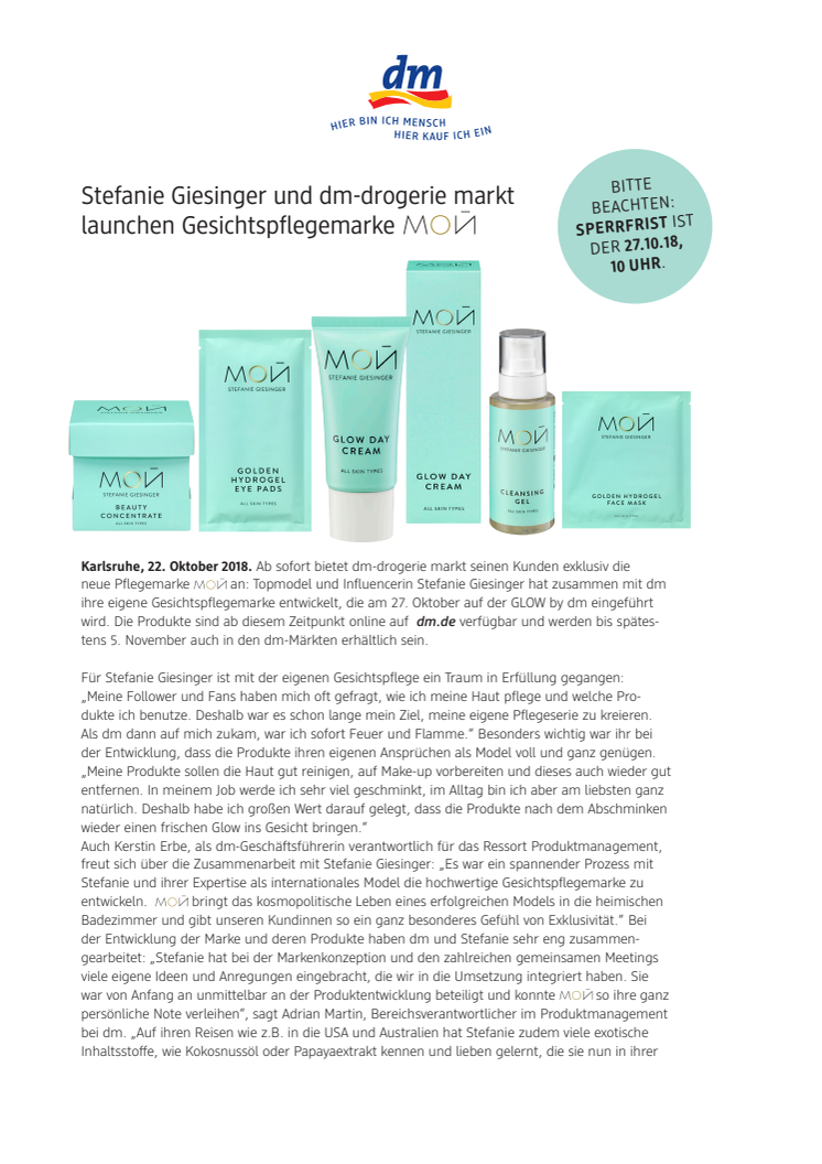 Pressemitteilung: Stefanie Giesinger und dm-drogerie markt launchen Gesichtspflegemarke MOЙ