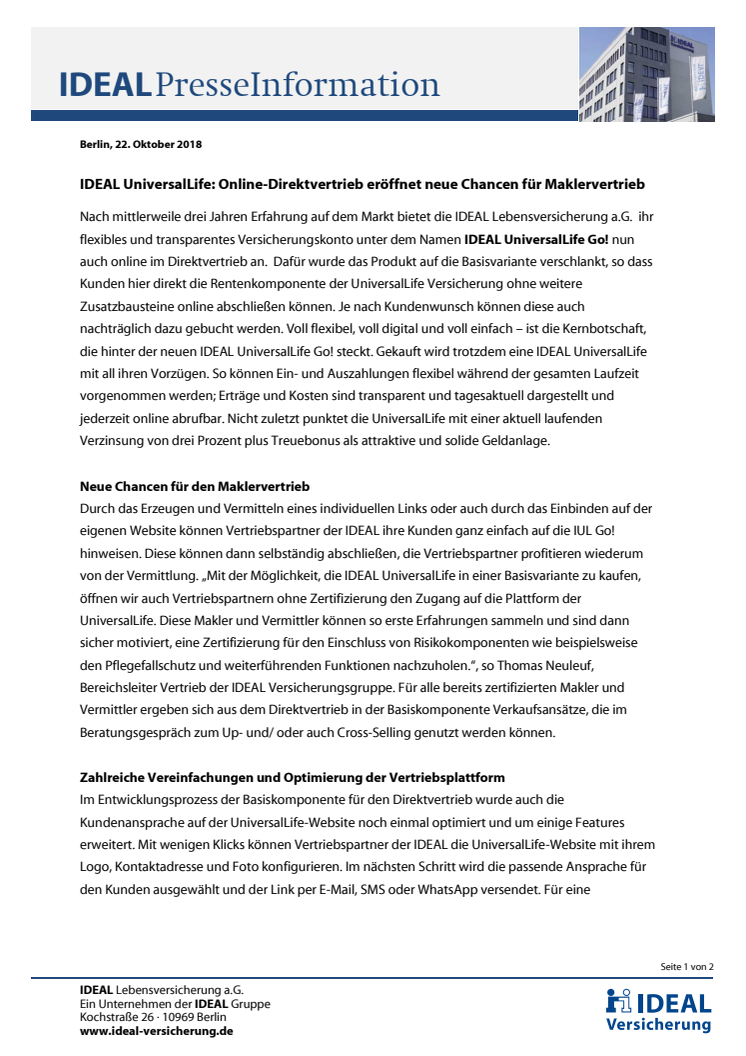 IDEAL UniversalLife: Online-Direktvertrieb eröffnet neue Chancen für Maklervertrieb