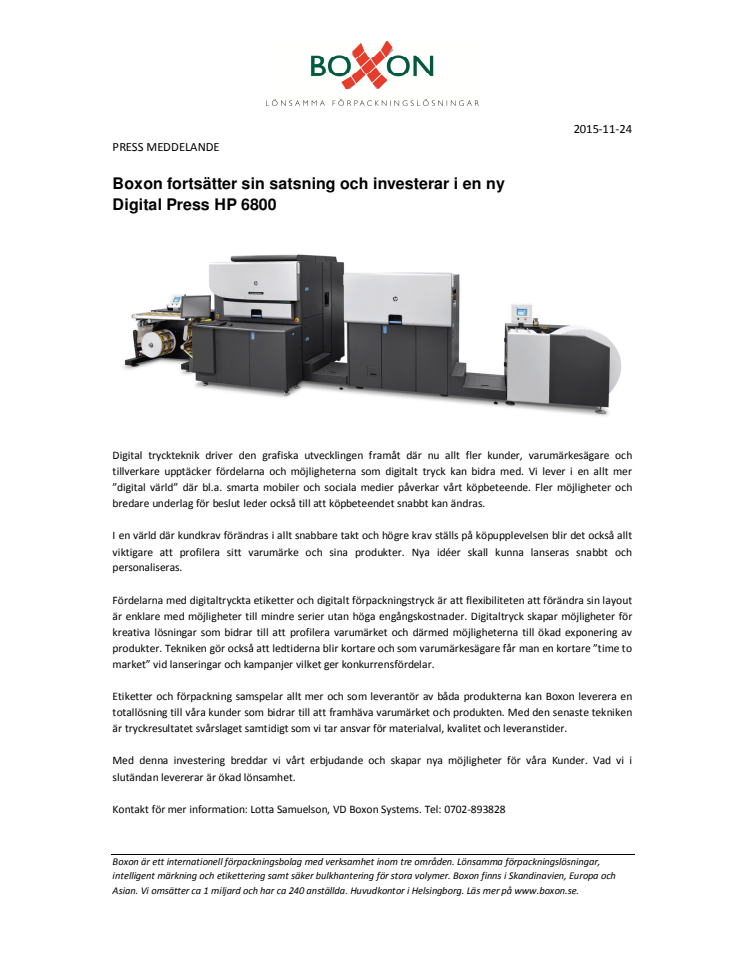 Boxon fortsätter sin satsning och investerar i en ny Digital Press HP 6800