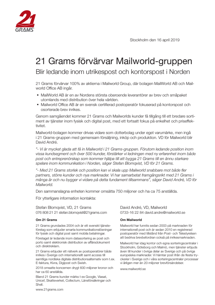 21 Grams förvärvar Mailworld-gruppen