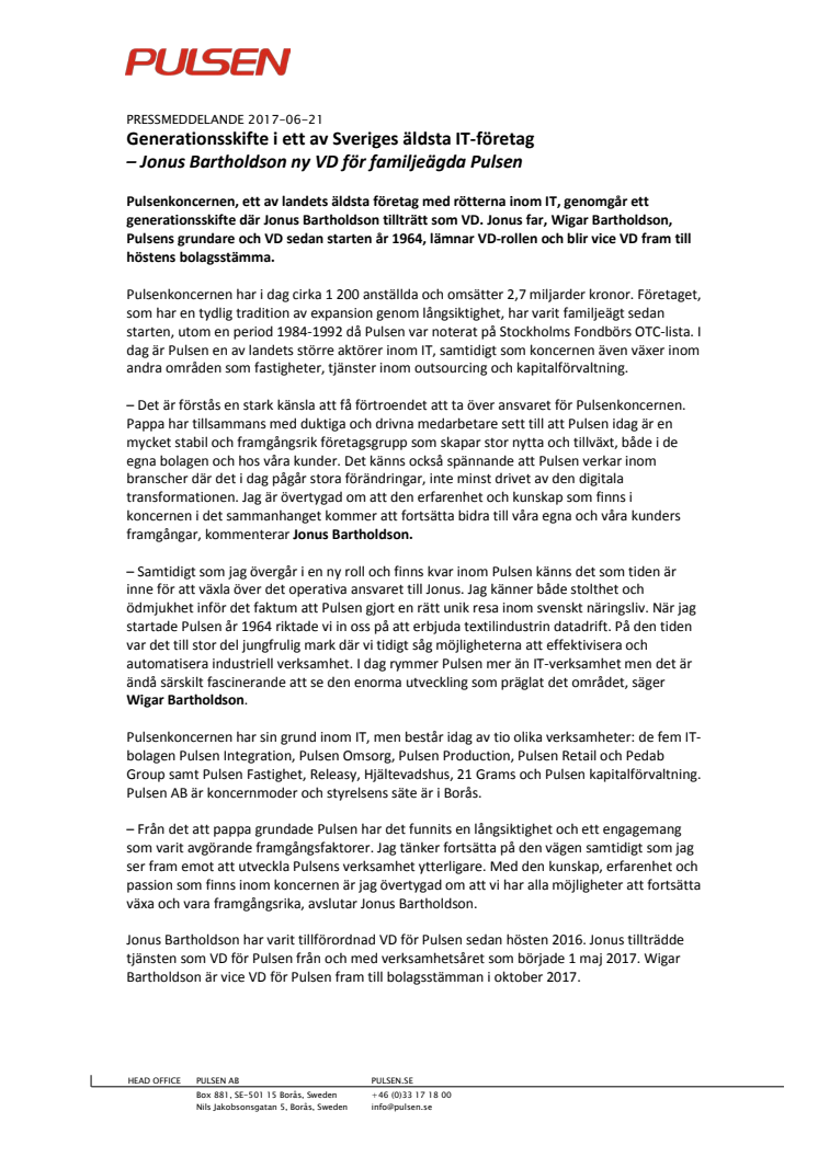 Generationsskifte i ett av Sveriges äldsta IT-företag – Jonus Bartholdson ny VD för familjeägda Pulsen