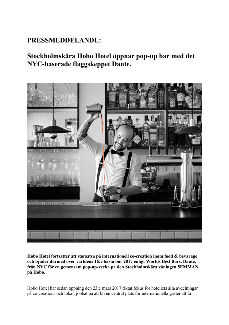  Stockholmskära Hobo Hotel öppnar pop-up bar med det NYC-baserade flaggskeppet Dante.
