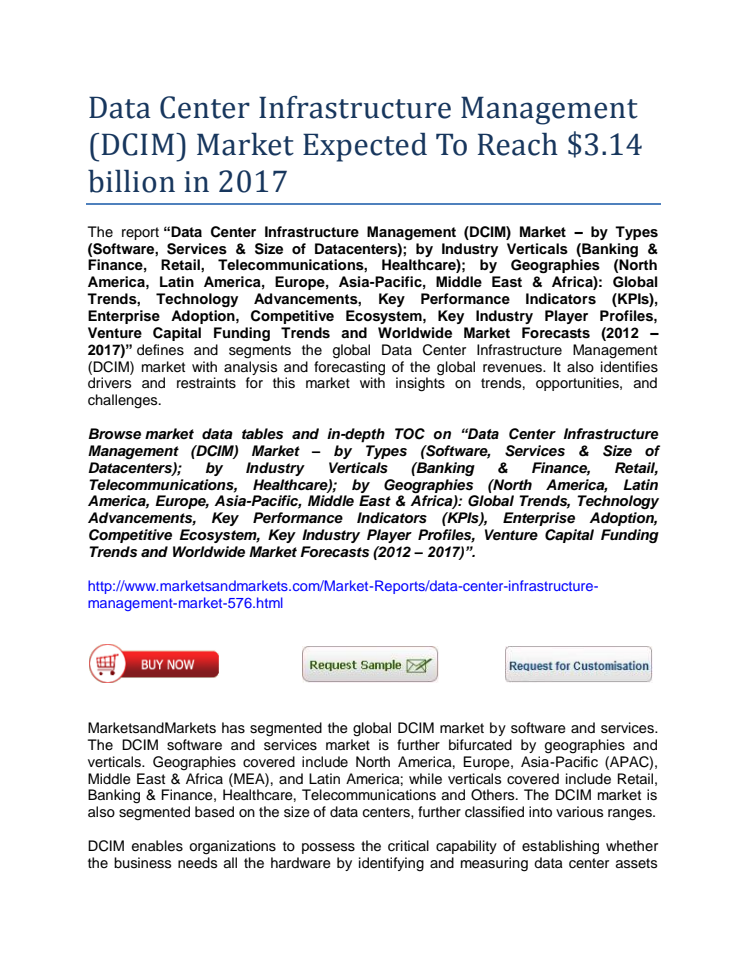 Data Center Infrastructure Management Market Worth $3.14 billion in 2017