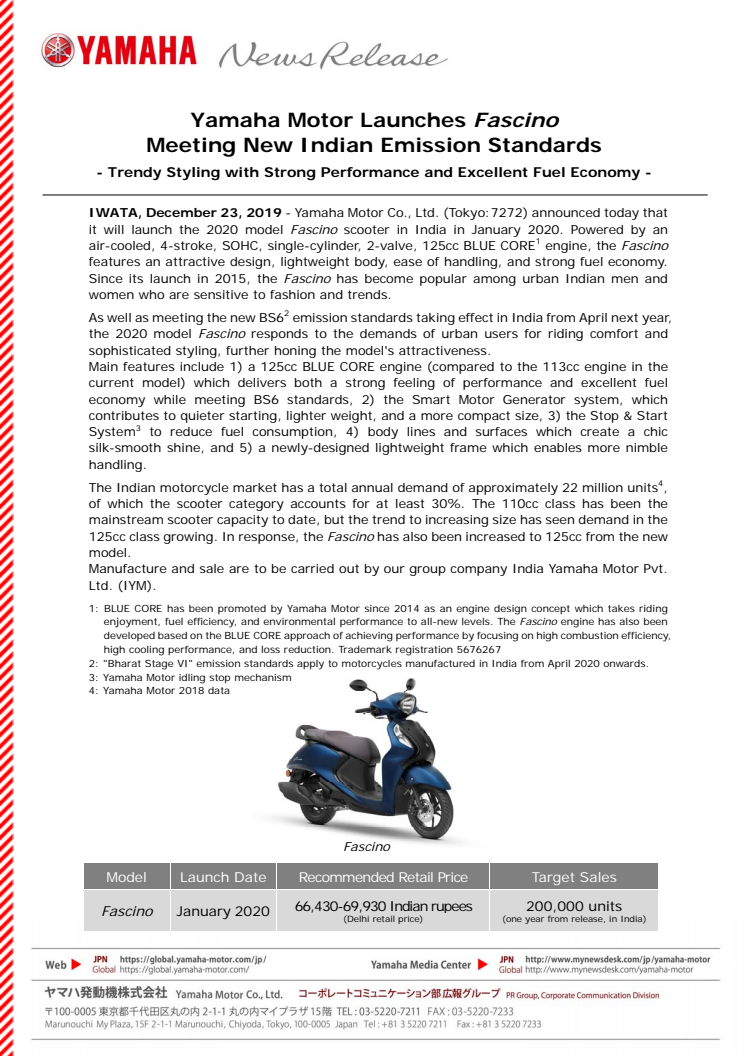 Yamaha Motor Launches Fascino Meeting New Indian Emission Standards　- Trendy Styling with Strong Performance and Excellent Fuel Economy -