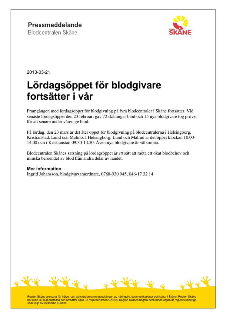 Lördagsöppet för blodgivare fortsätter i vår