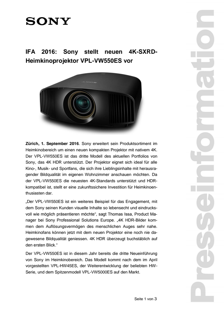 IFA 2016: Sony stellt neuen 4K-SXRD-Heimkinoprojektor VPL-VW550ES vor 