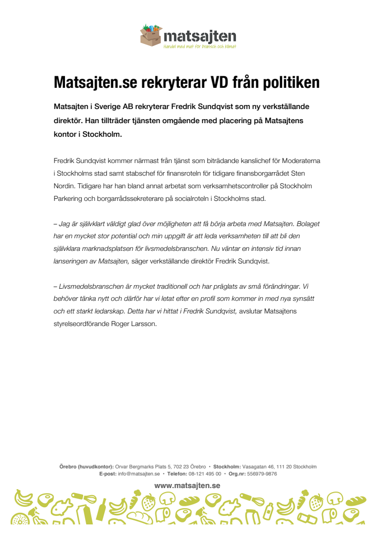 Matsajten.se rekryterar VD från politiken