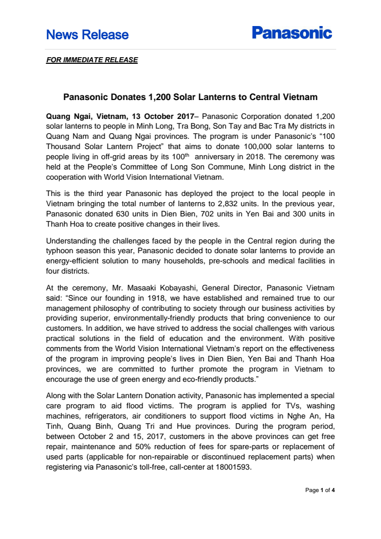 Panasonic Donates 1,200 Solar Lanterns to Central Vietnam