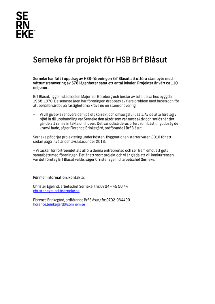 Serneke får projekt för HSB Brf Blåsut