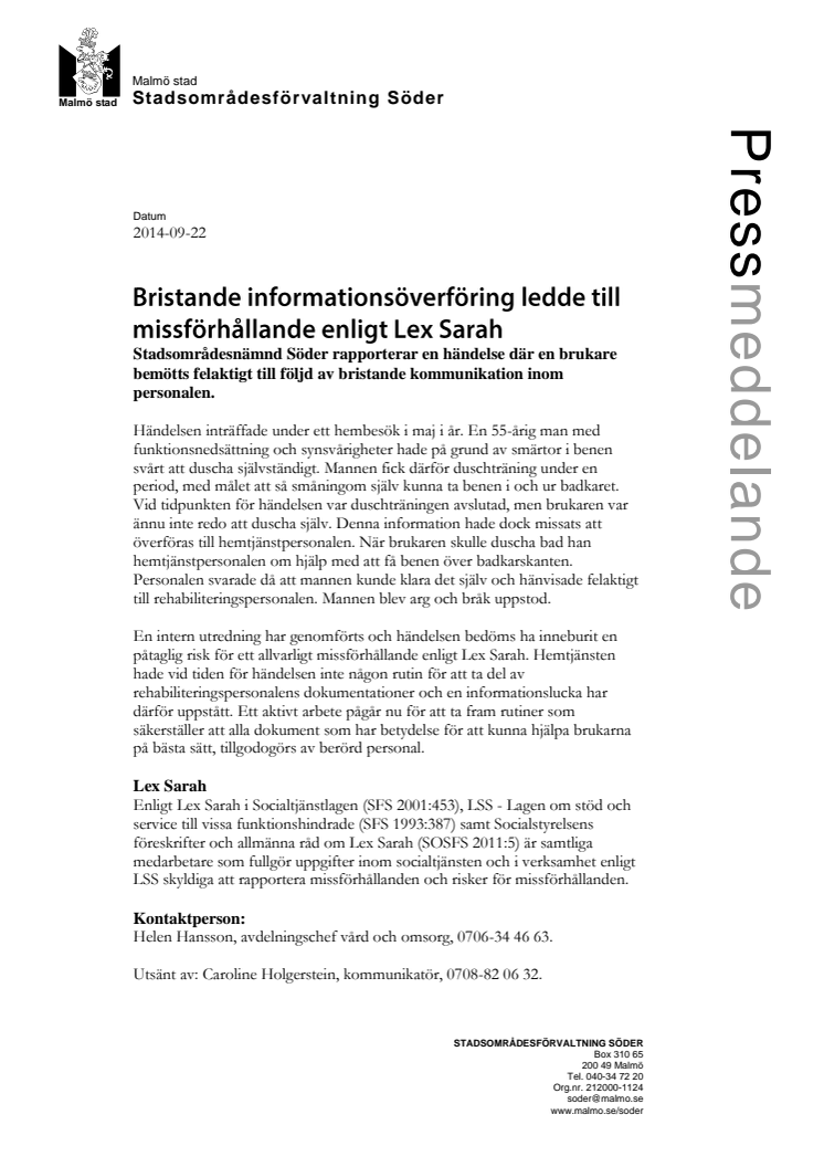 Bristande informationsöverföring ledde till missförhållande enligt Lex Sarah