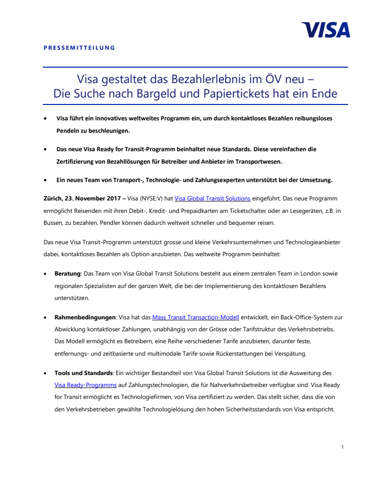 Visa gestaltet das Bezahlerlebnis im ÖV neu –  Die Suche nach Bargeld und Papiertickets hat ein Ende