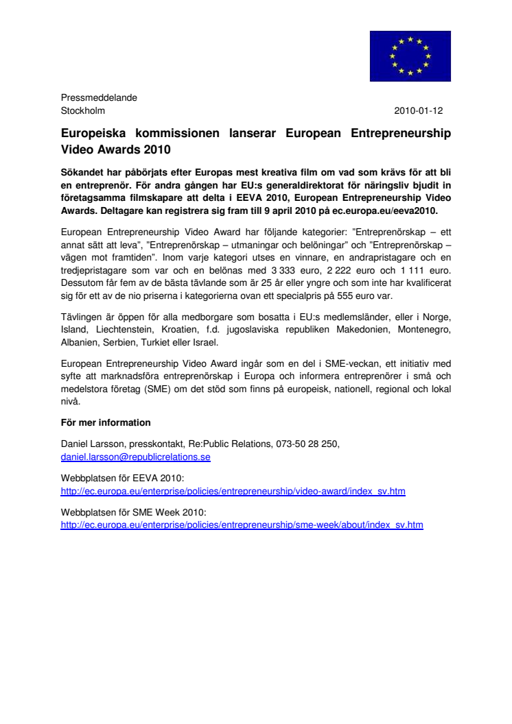 Europeiska kommissionen lanserar European Entrepreneurship Video Awards 2010