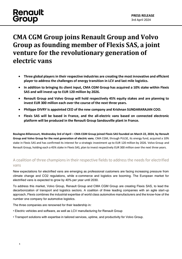 CMA CGM Group joins Renault Group and Volvo Group as founding member of Flexis SAS, a joint venture for the revolutionary generation of electric vans.pdf