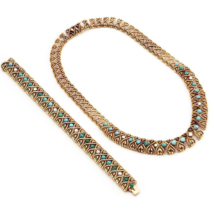 Van Cleef & Arpels: A diamond and turquoise jewellery set
