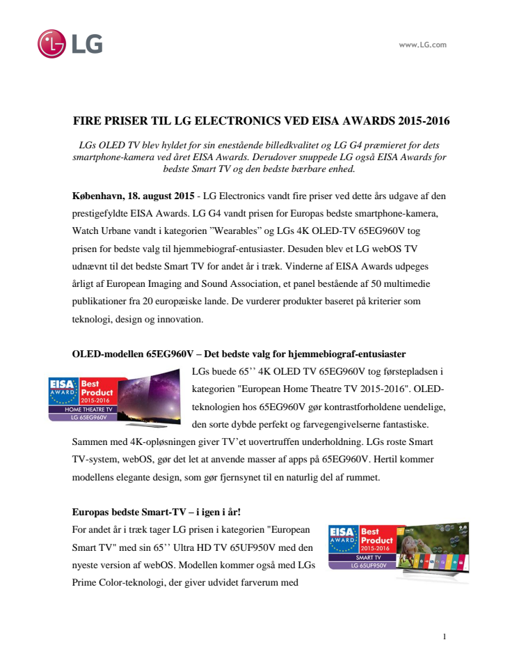 FIRE PRISER TIL LG ELECTRONICS VED EISA AWARDS 2015-2016