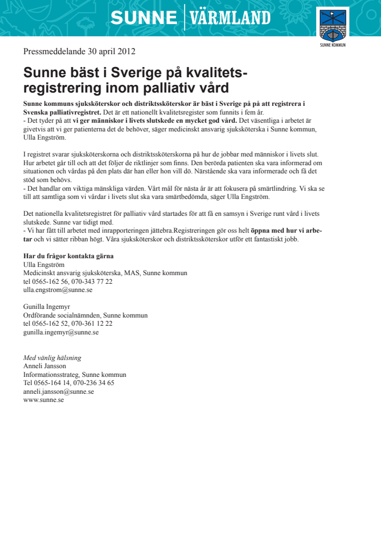 Sunne bäst i Sverige på kvalitetsregistrering inom palliativ vård