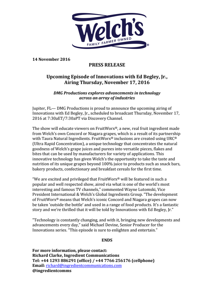 Press release – Upcoming Episode of Innovations with Ed Begley, Jr.,  Airing Thursday, November 17, 2016