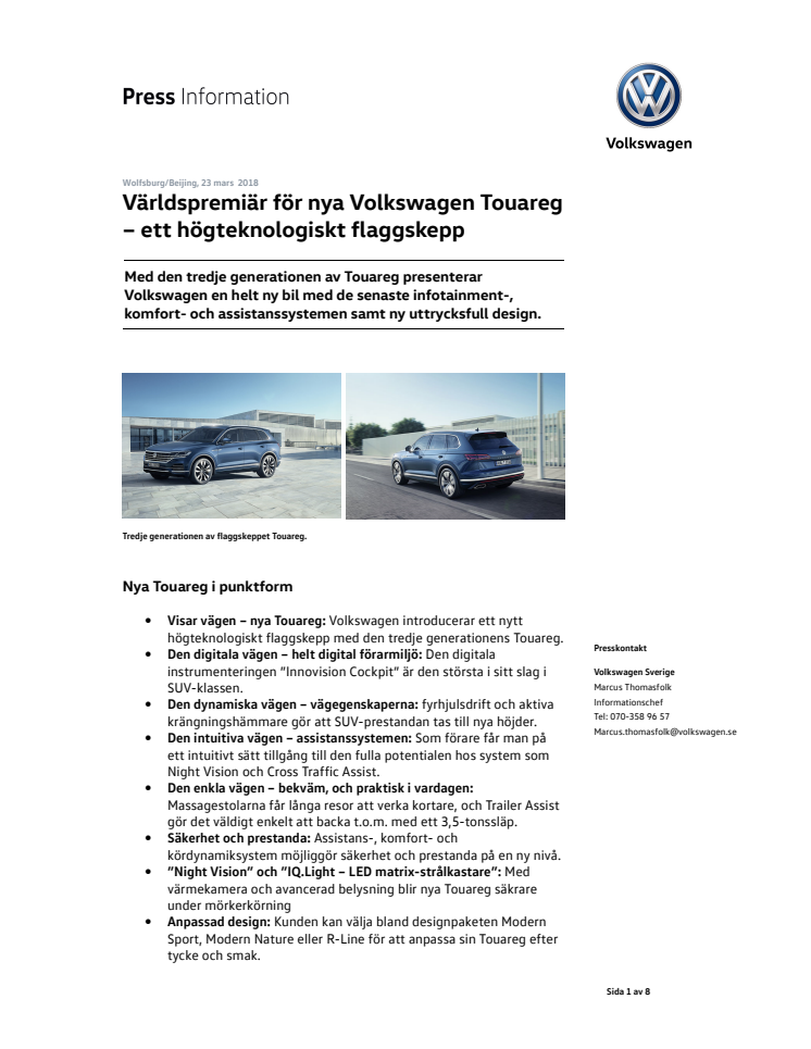 Världspremiär för nya Volkswagen Touareg – ett högteknologiskt flaggskepp