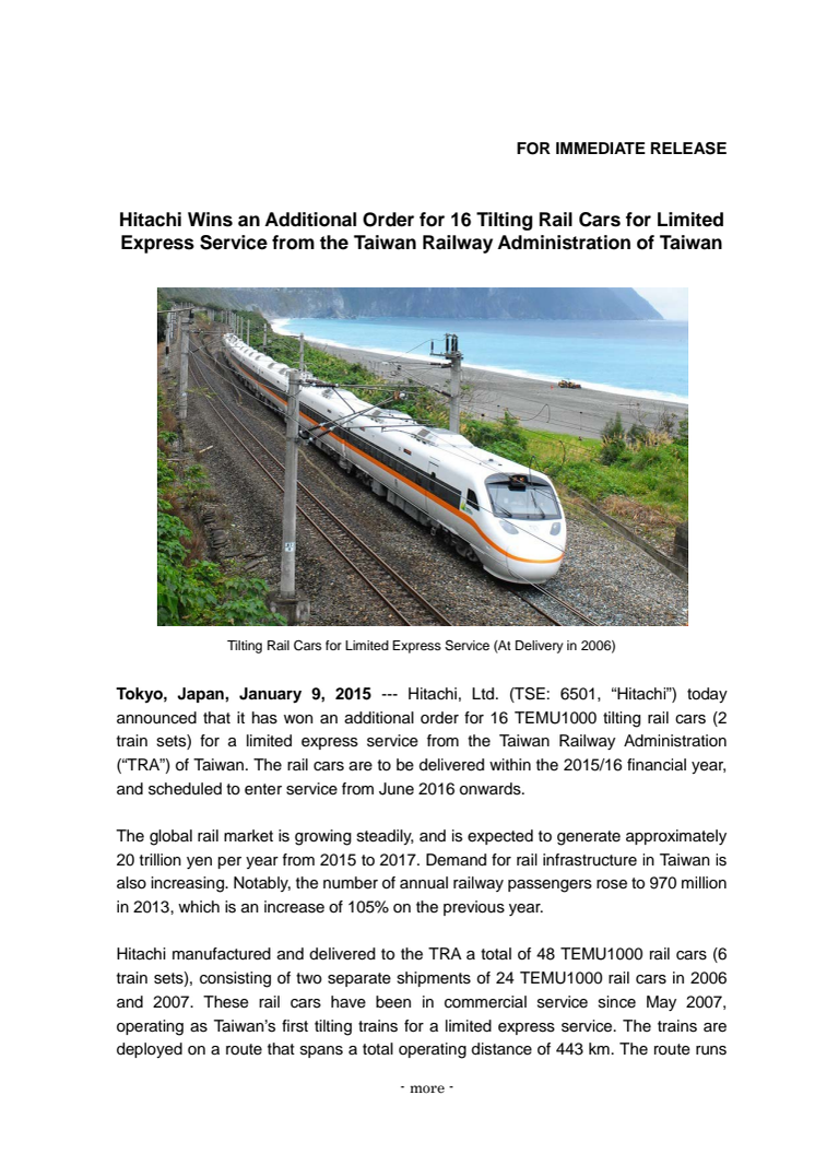 Hitachi Wins an Additional Order for 16 Tilting Rail Cars for Limited Express Service from the Taiwan Railway Administration of Taiwan