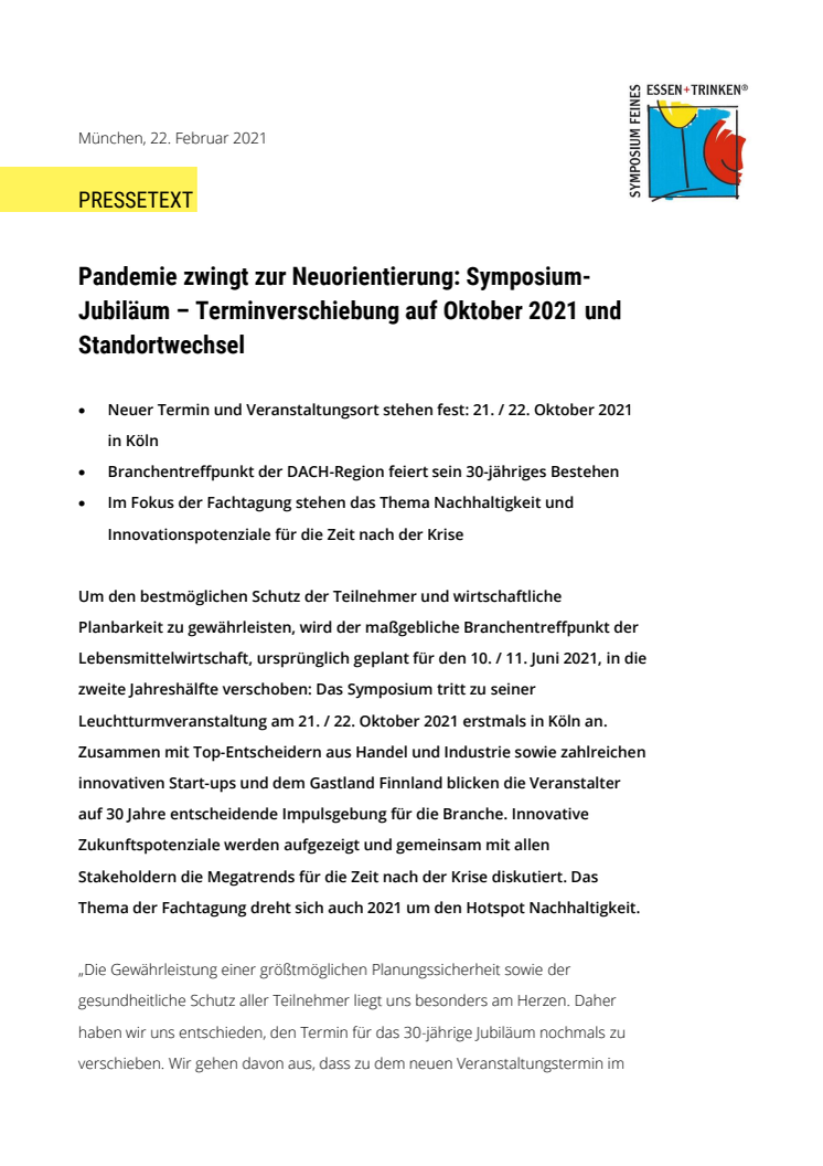 Pandemie zwingt zur Neuorientierung: Symposium-Jubiläum – Terminverschiebung auf Oktober 2021 und Standortwechsel 