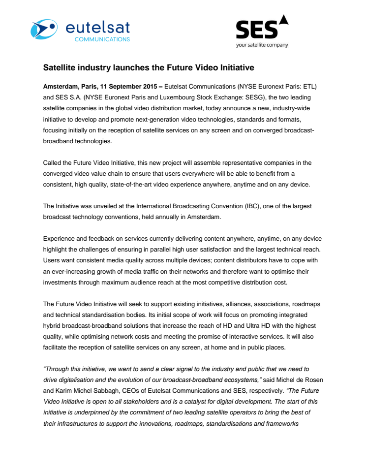 Satellite industry launches the Future Video Initiative