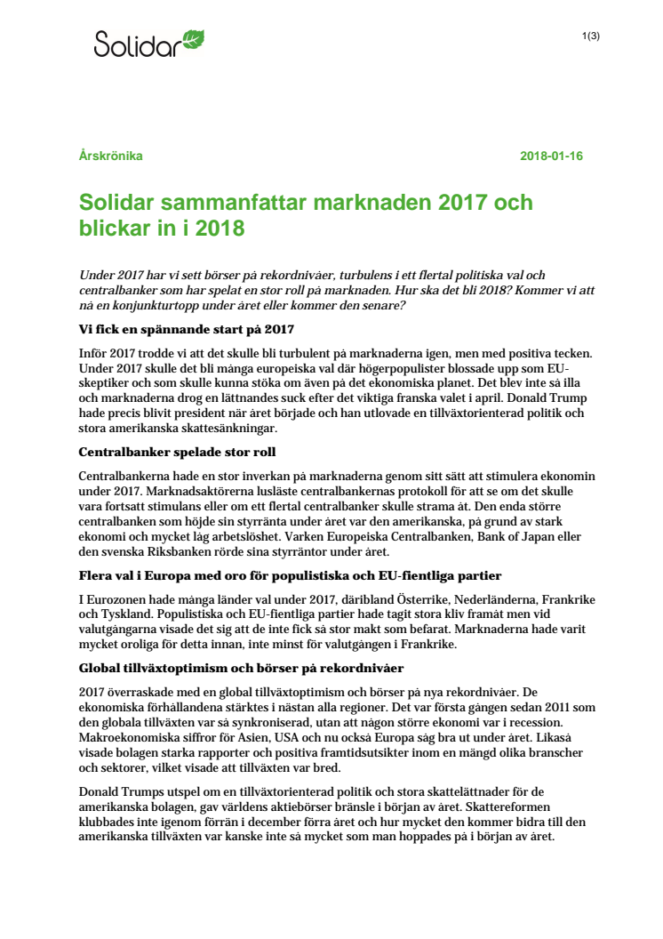 Årskrönika 2017: Solidar sammanfattar marknaden 2017 och blickar in i 2018