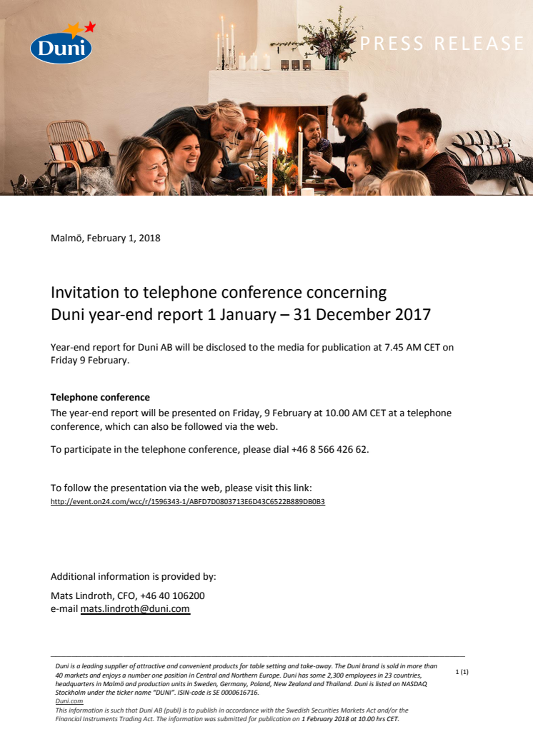 Invitation to telephone conference concerning Duni year-end report 1 January – 31 December 2017