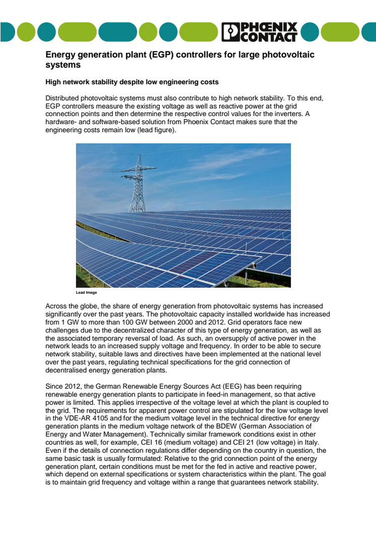 Energy generation plant (EGP) controllers for large photovoltaic systems