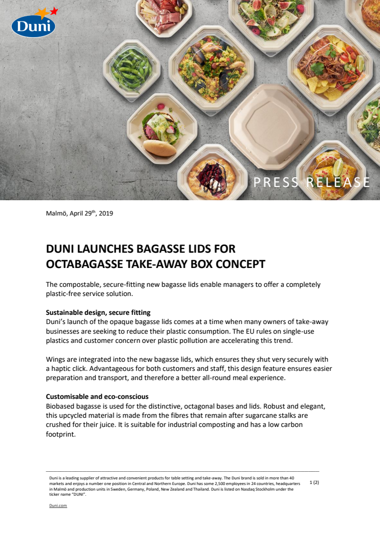 Duni launches bagasse lids for Octabagasse take-away box concept