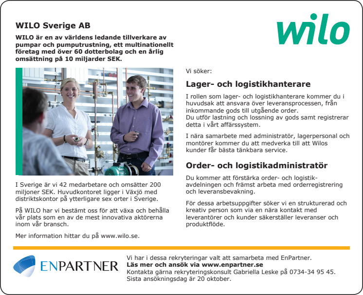 Lediga tjänster hos WILO i Växjö.