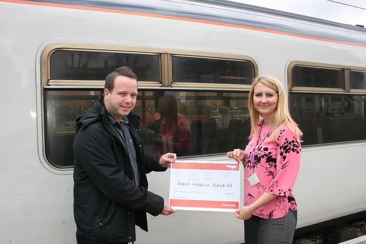 Just the ticket - Caron Hooper of Keech Hospice Care is presented with a donation of over £6,600 at Thameslink's Luton station by Train Services Manager Ant Yandell
