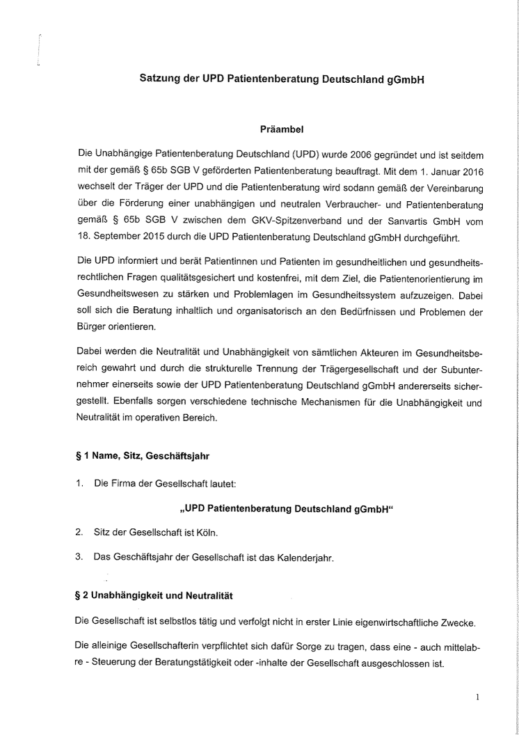 Satzung der Unabhängigen Patientenberatung Deutschland gGmbH