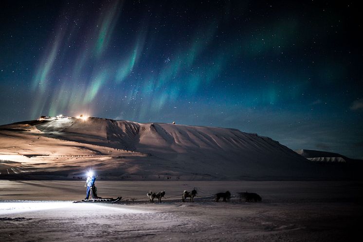 Dog sledding under the northern lights - an unforgettable adventure with Hurtigruten Svalbard.