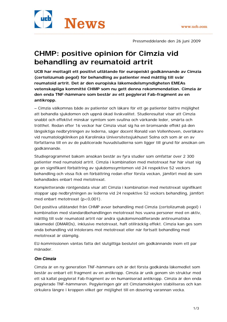 CHMP: positive opinion för Cimzia vid behandling av reumatoid artrit 